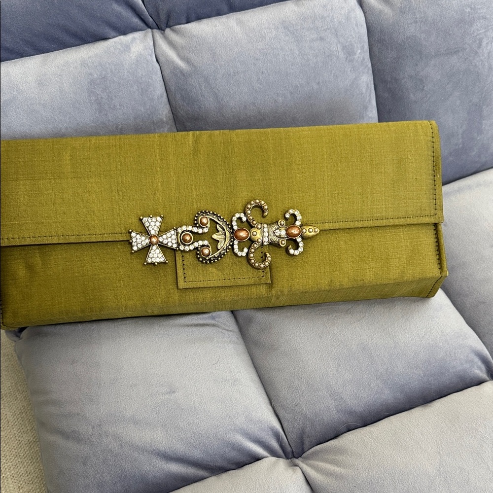 Elegant Olive Green Clutch with Embellished Clasp